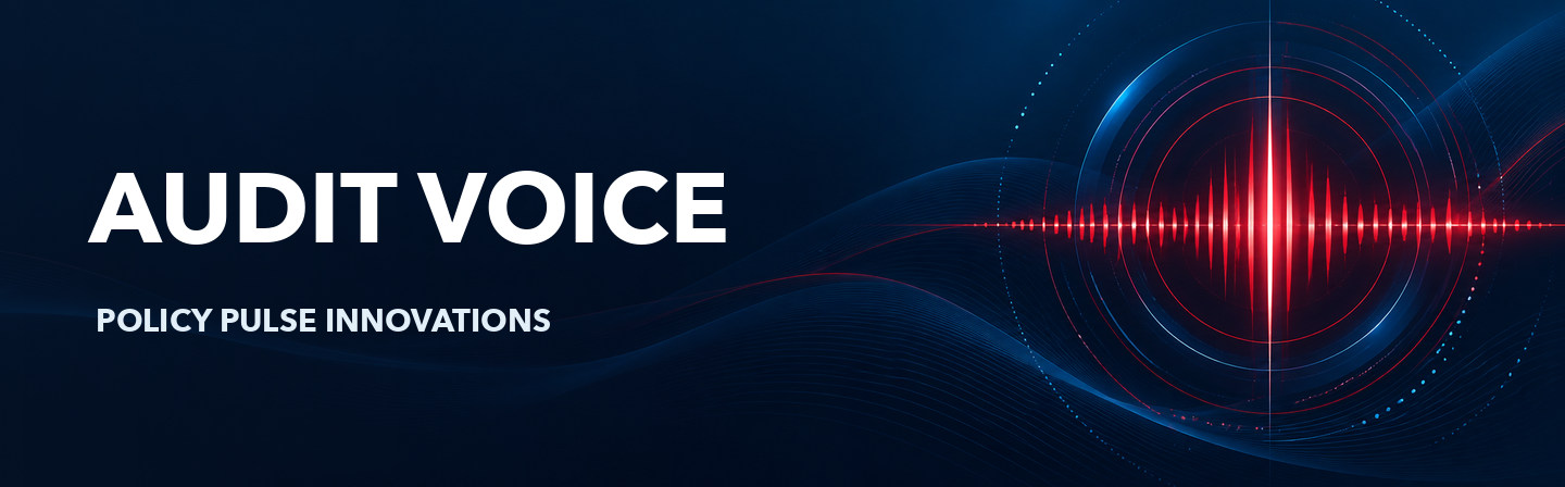 Audit Voice, Policy Pulse Innovations, with a red audio waveform on a midnight blue background